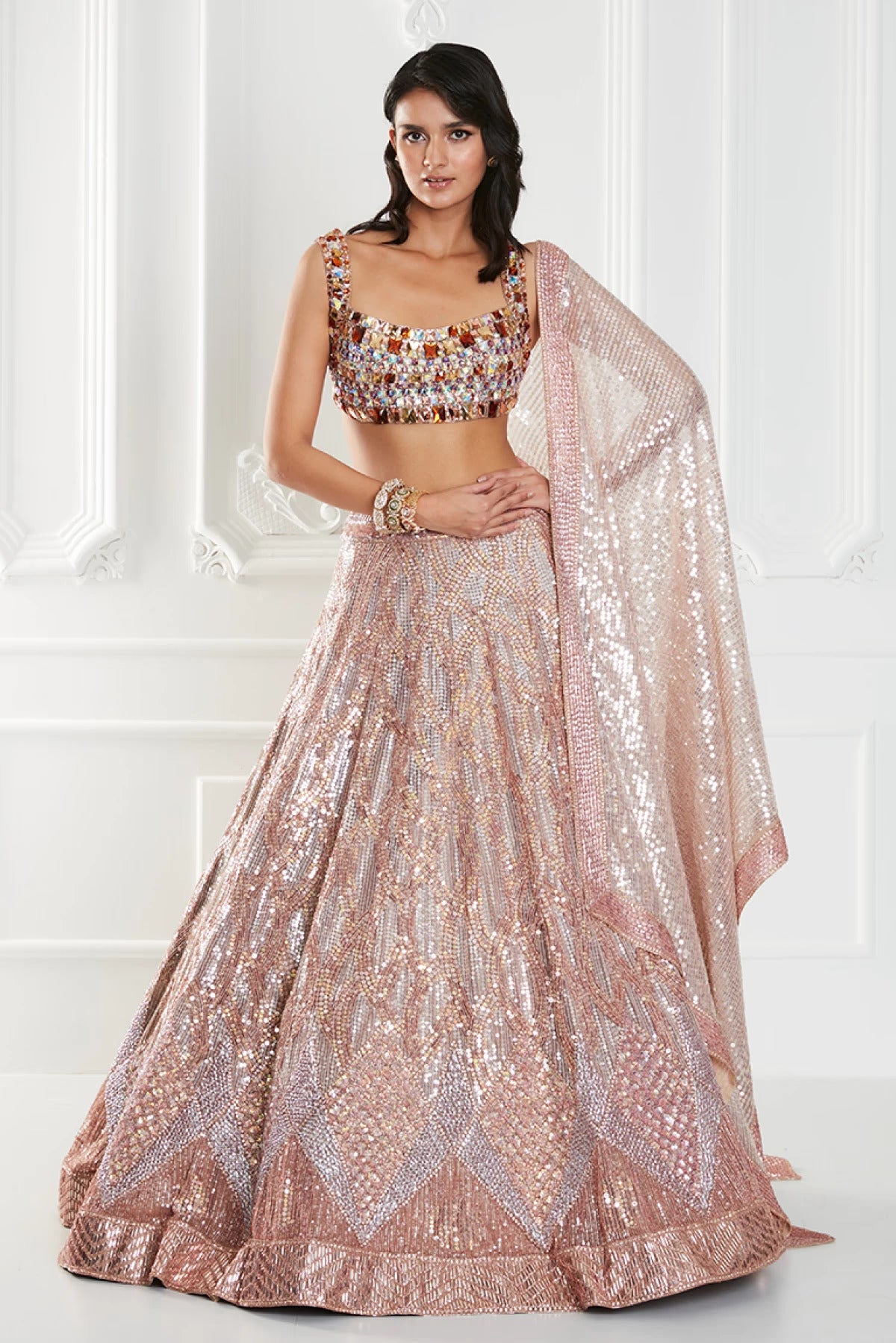 Peach Organza Sequin Lehenga Set