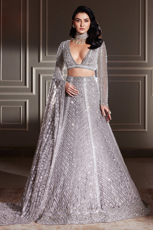 Silver Embellished Tulle Lehenga Set