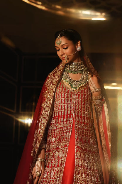 Coral Red Zardozi Embroidered Lehenga Set