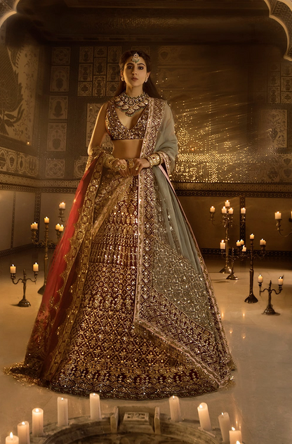 Sara Ali Khan on our Red Raw Silk with Gold Embroidered Lehenga Set