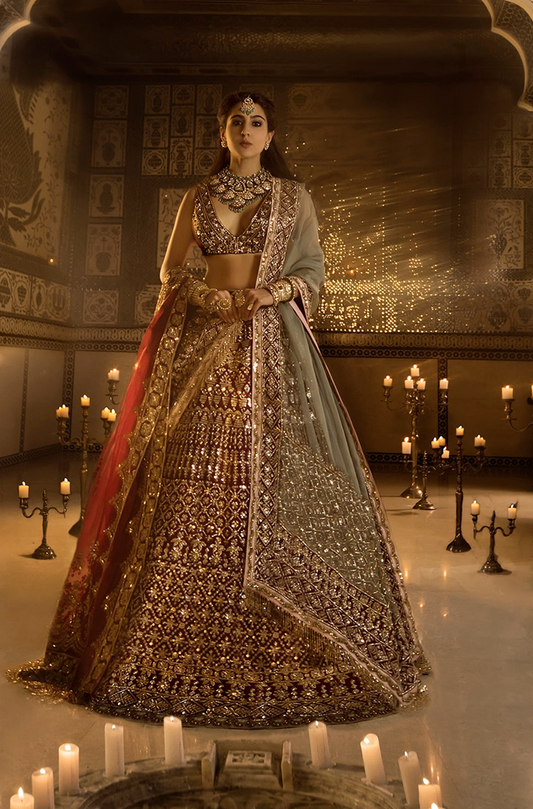Sara Ali Khan on our Red Raw Silk with Gold Embroidered Lehenga Set