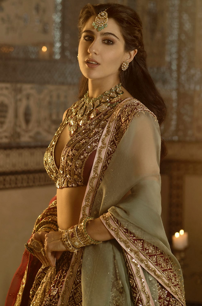 Sara Ali Khan on our Red Raw Silk with Gold Embroidered Lehenga Set