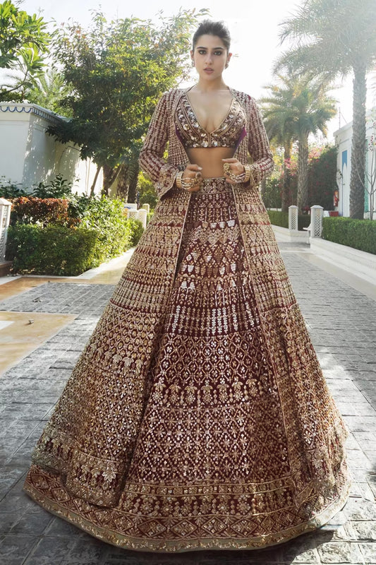Sara Ali Khan on our Wine Raw Silk with Gold Embroidered Lehenga Set