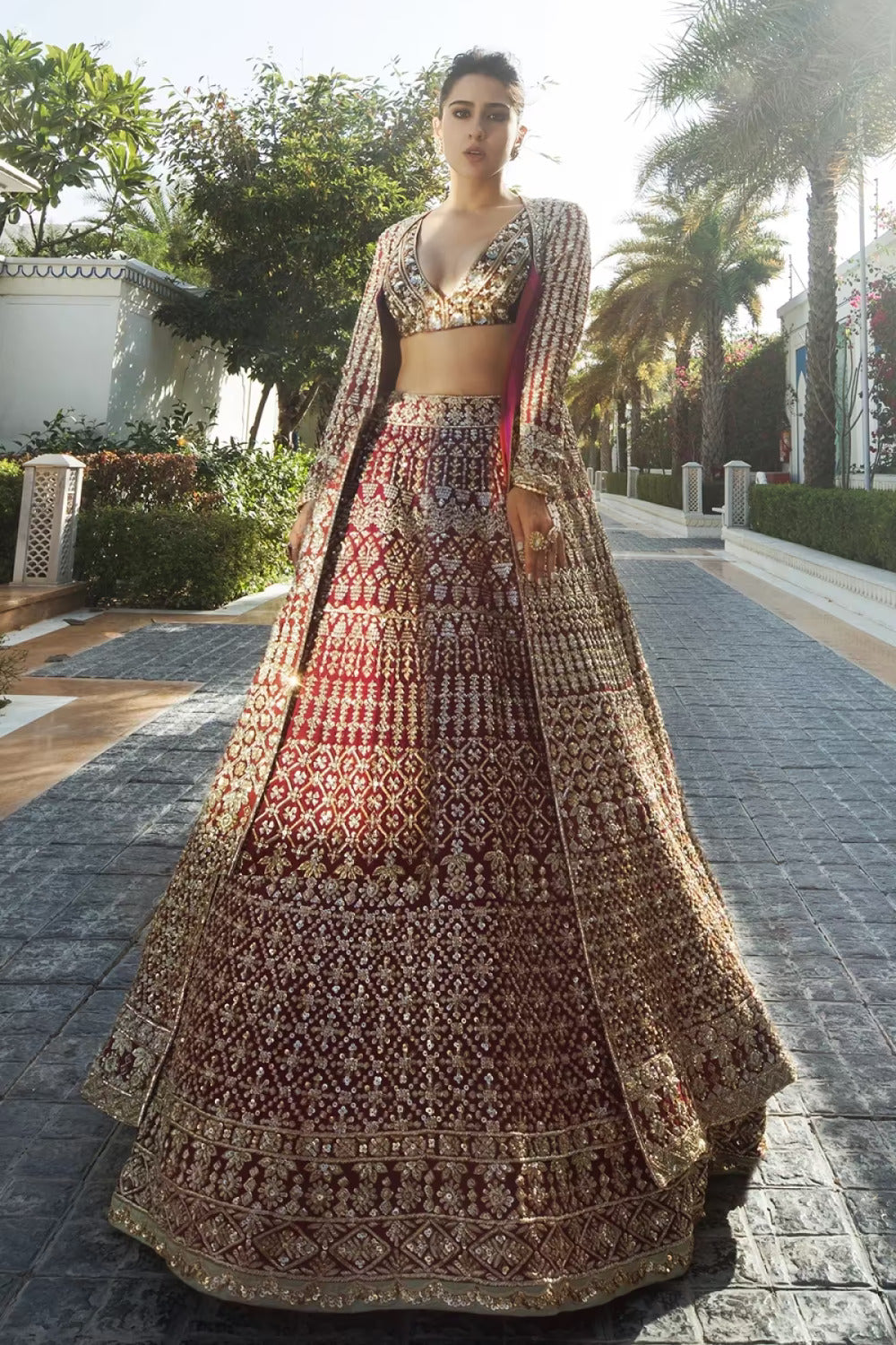 Sara Ali Khan on our Wine Raw Silk with Gold Embroidered Lehenga Set