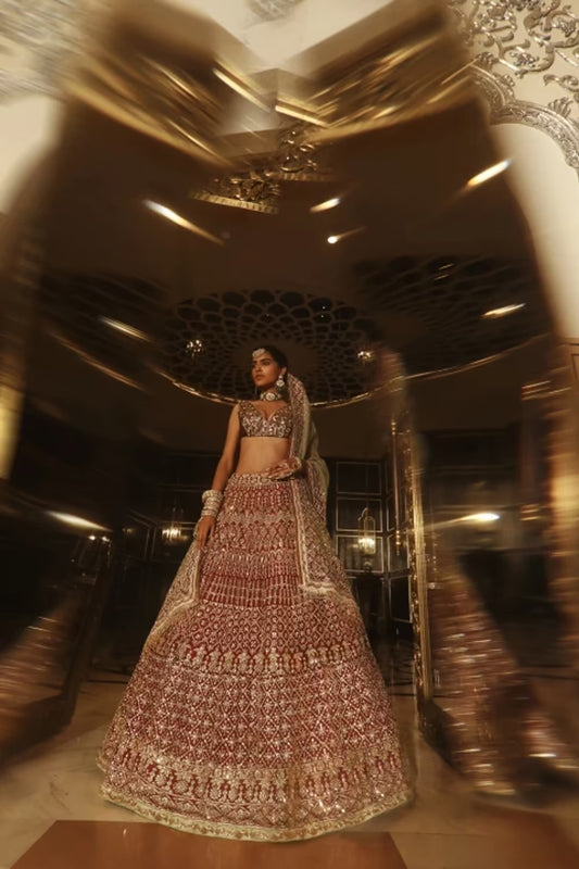 Wine Raw Silk with Gold Embroidered Lehenga Set