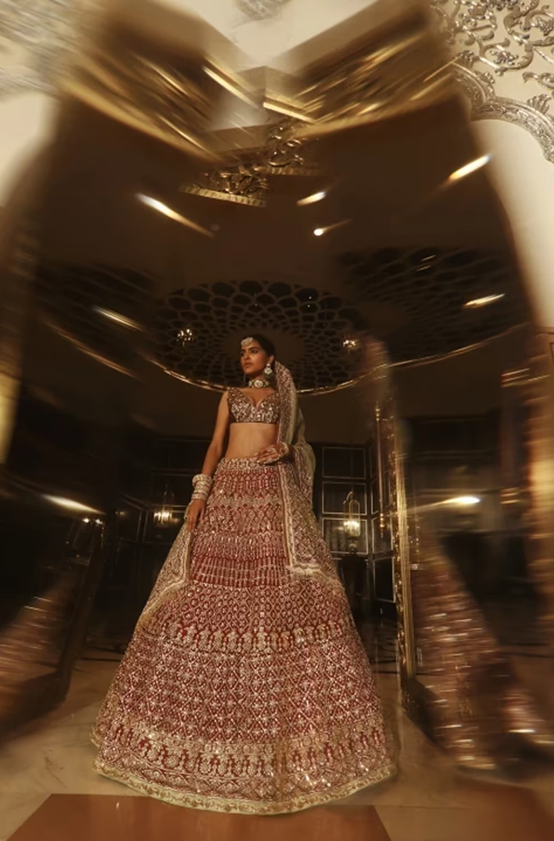 Wine Raw Silk with Gold Embroidered Lehenga Set