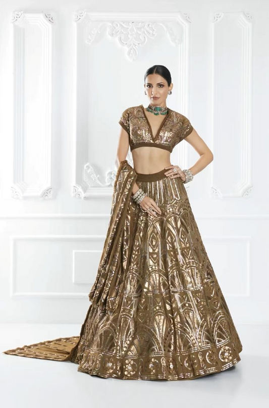 Brown Sequin Embellished Lehenga Set