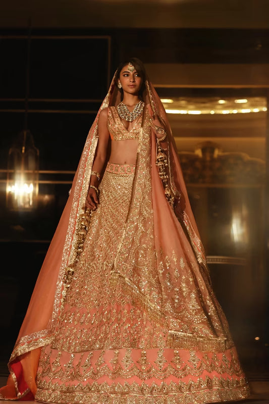 Peach Gold Dori Embroidered Lehenga Set