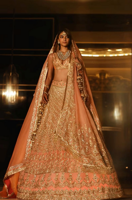 Peach Gold Dori Embroidered Lehenga Set