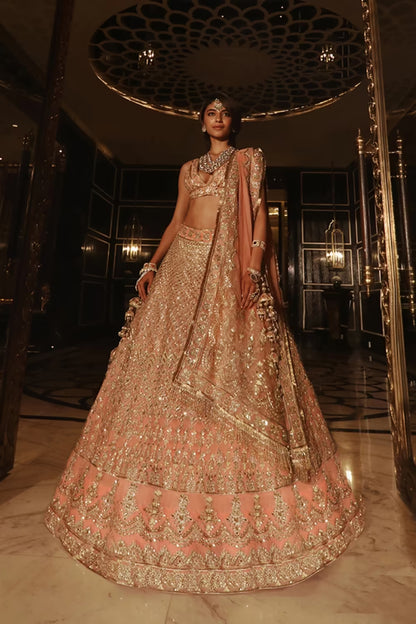 Peach Gold Dori Embroidered Lehenga Set