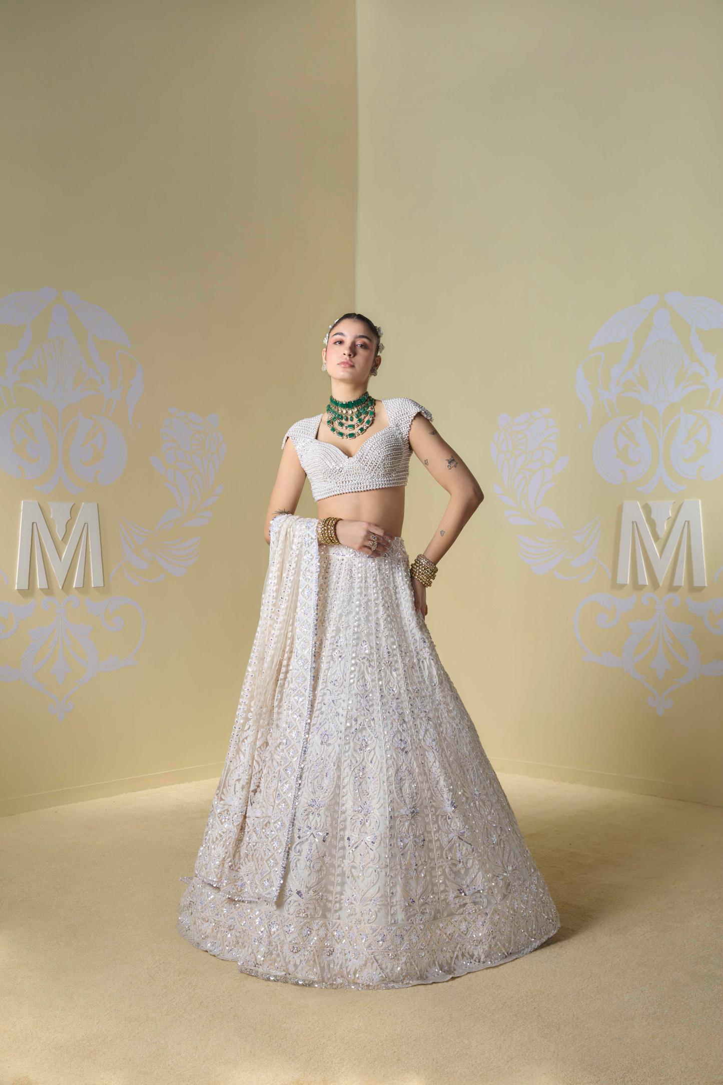 Ivory Kashmiri Embroidered Lehenga Set