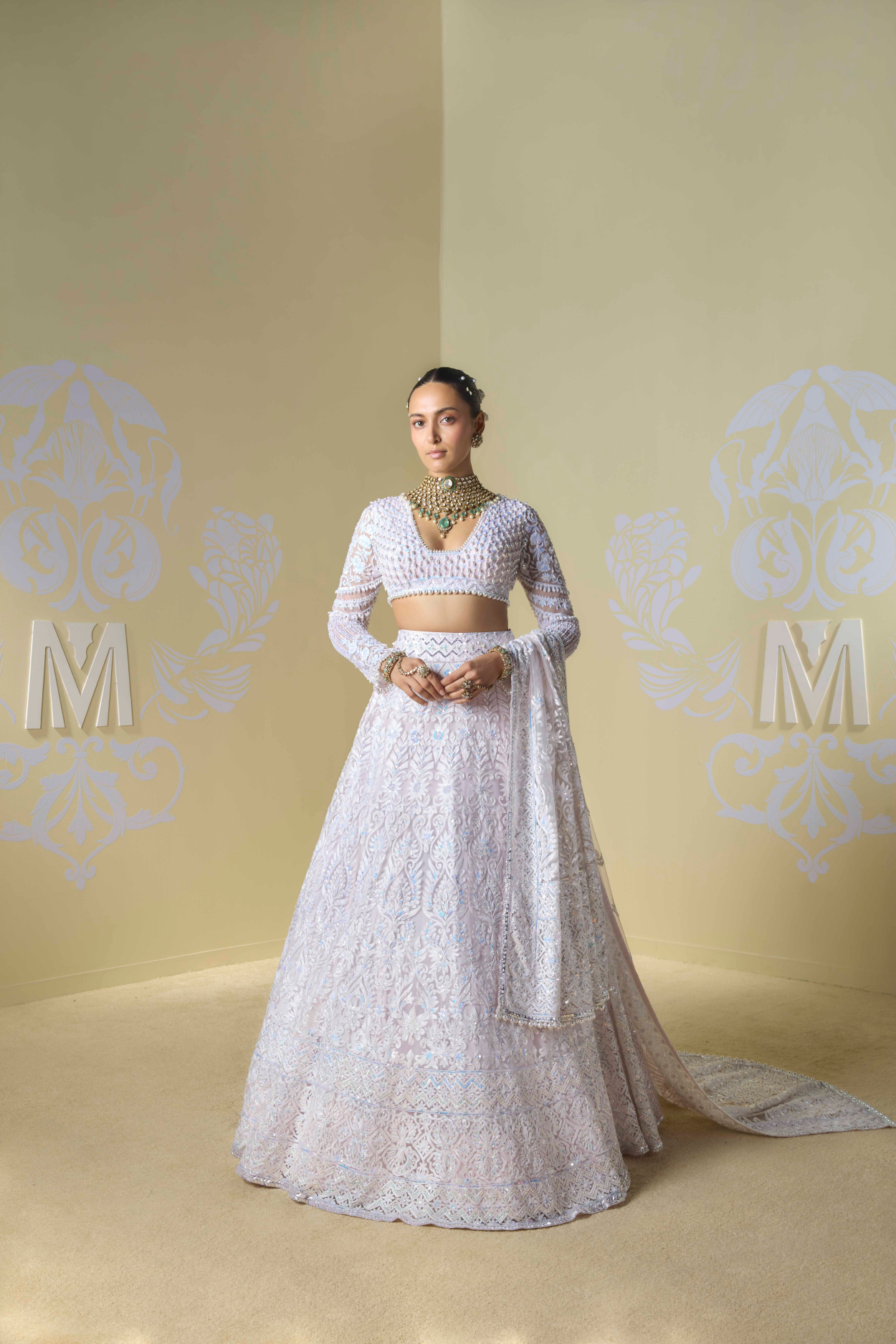 Powder Pink and Ivory Kashmiri Embroidered Lehenga Set