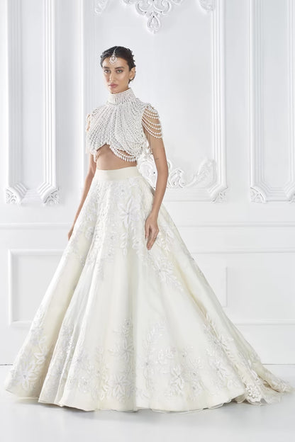 Ivory Organza Kashmiri Embroidered Lehenga Set