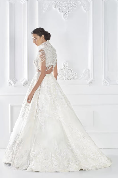 Ivory Organza Kashmiri Embroidered Lehenga Set
