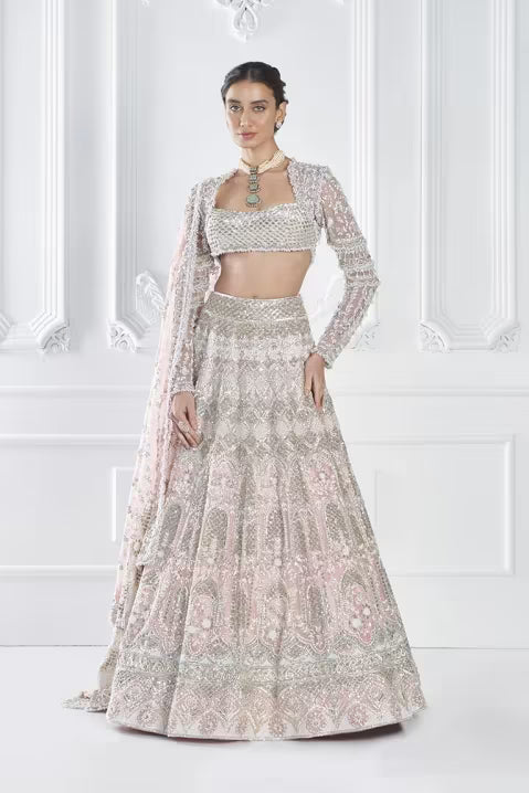 Soft Pink Silver Jaal Embroidered Lehenga Set