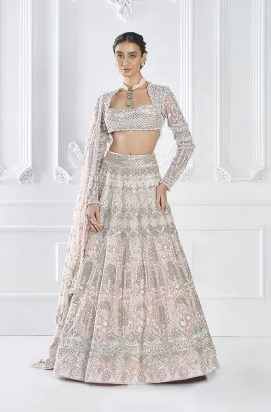 Soft Pink Silver Jaal Embroidered Lehenga Set
