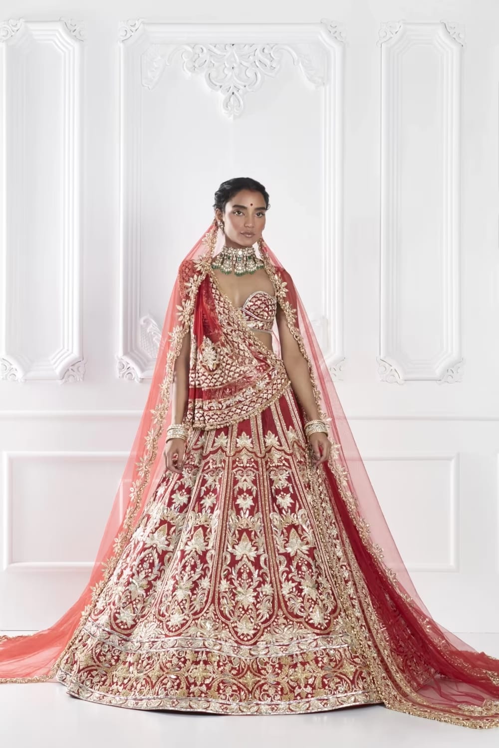 Red Gold Tissue Embroidered Lehenga Set