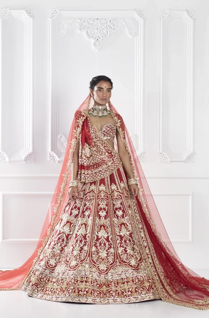 Red Gold Tissue Embroidered Lehenga Set