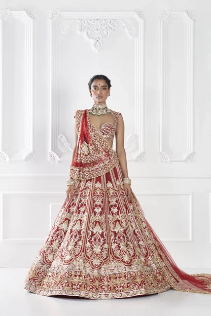 Red Gold Tissue Embroidered Lehenga Set