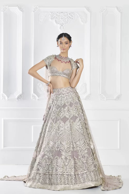 Lilac Silver Tulle Draped Lehenga Set