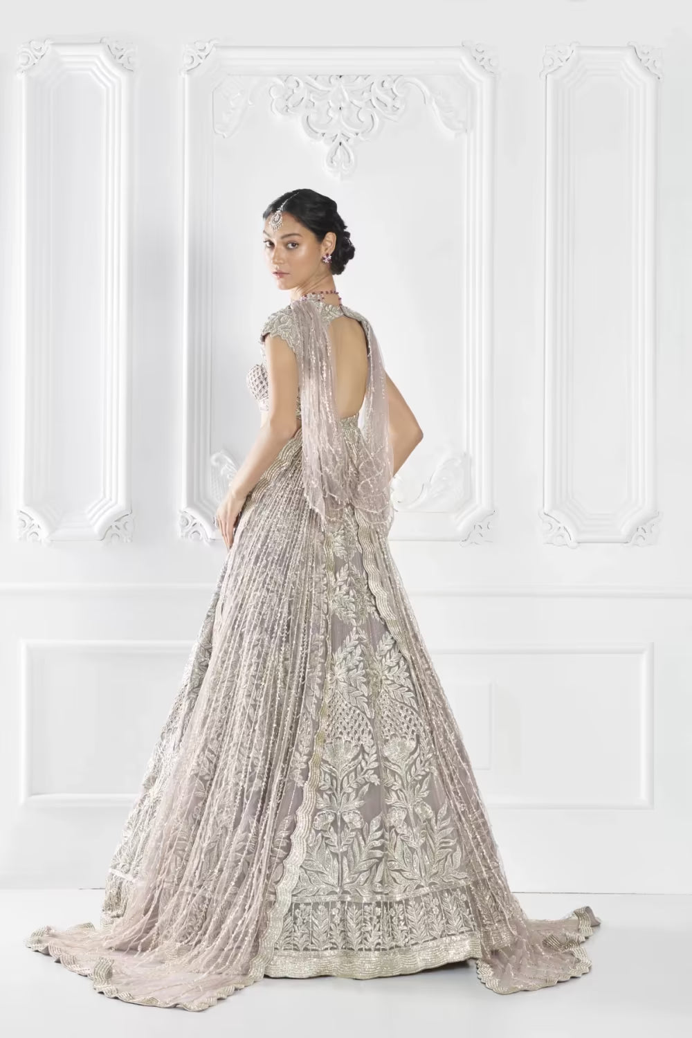 Lilac Silver Tulle Draped Lehenga Set