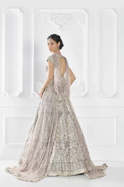Lilac Silver Tulle Draped Lehenga Set