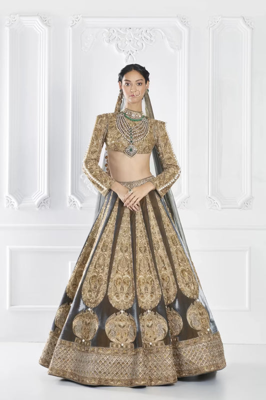 Grey Antique Gold Velvet Lehenga Set