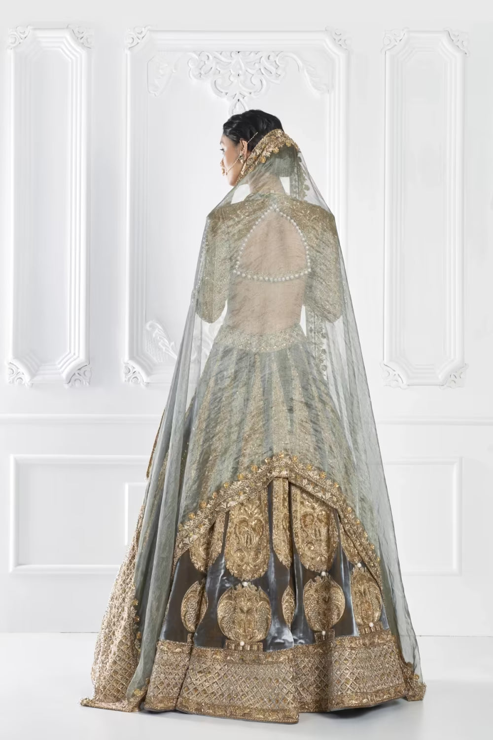 Grey Antique Gold Velvet Lehenga Set