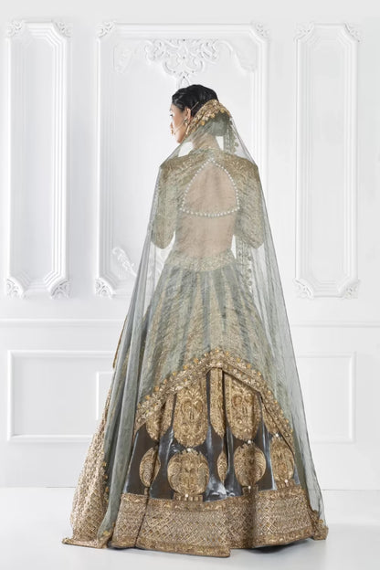 Grey Antique Gold Velvet Lehenga Set