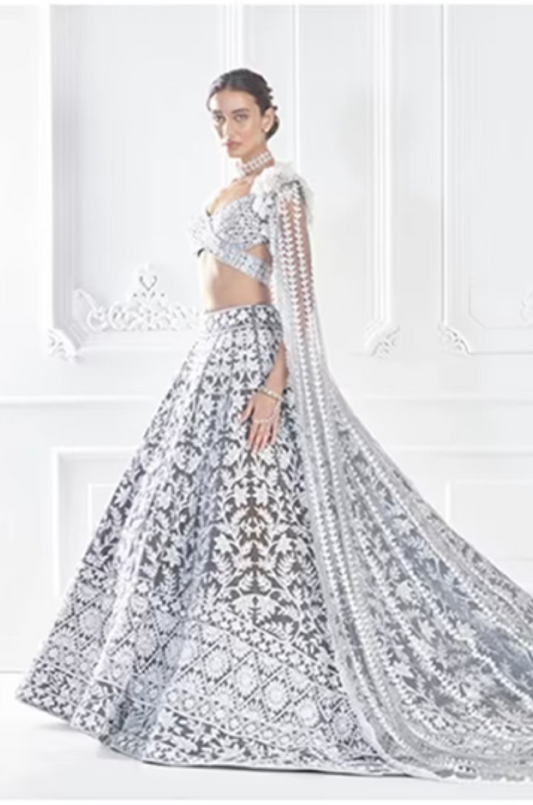 Grey Ivory Velvet Embroidered Lehenga Set