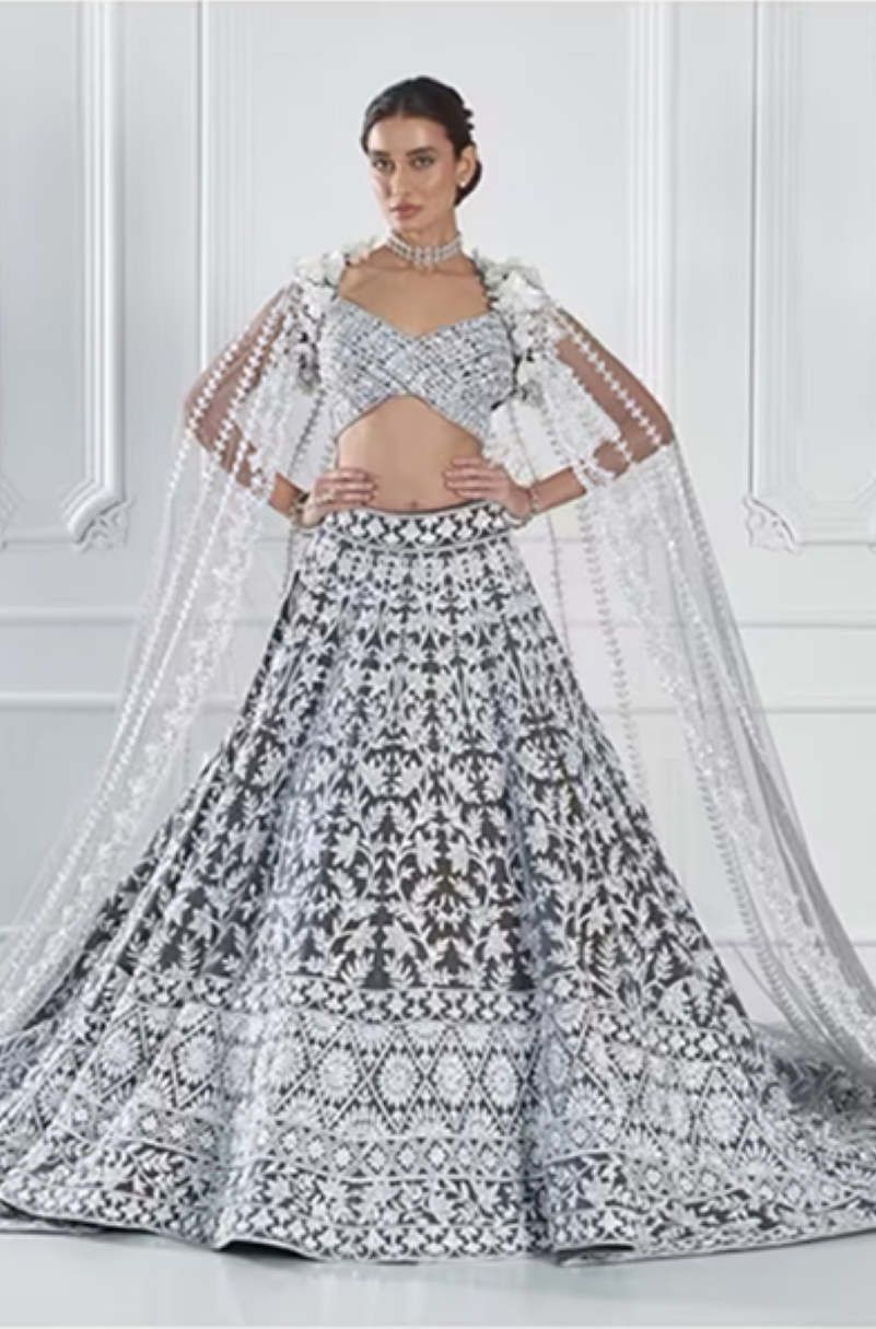 Grey Ivory Velvet Embroidered Lehenga Set