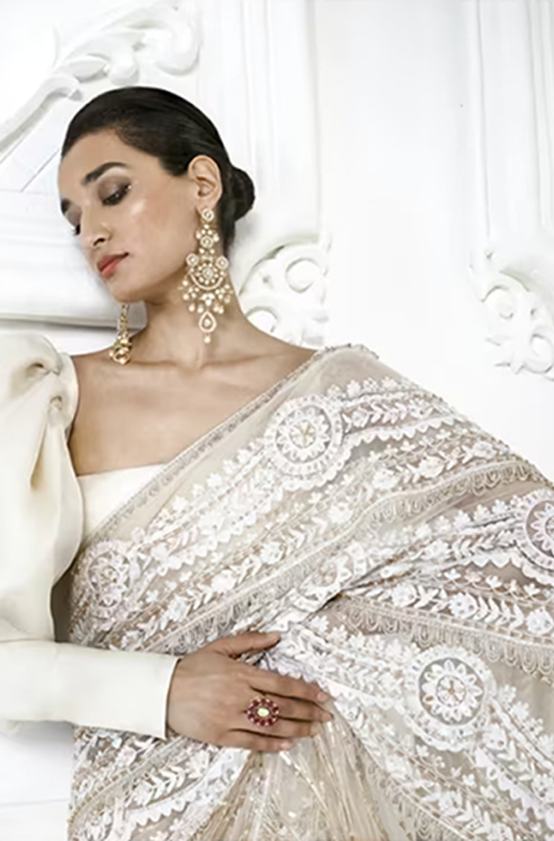 Ivory Net Kashmiri Embroidered Saree Set