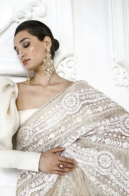 Ivory Net Kashmiri Embroidered Saree Set