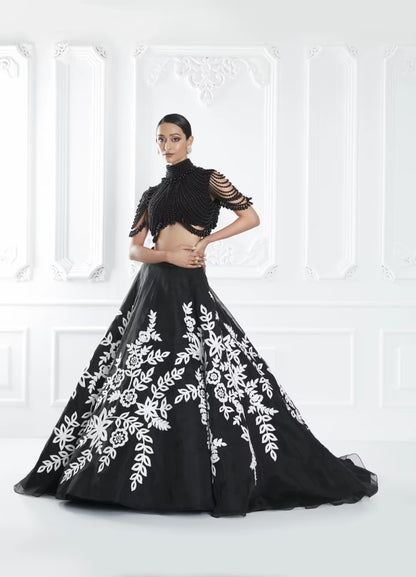 Black Floral Kashmiri Lehenga Set
