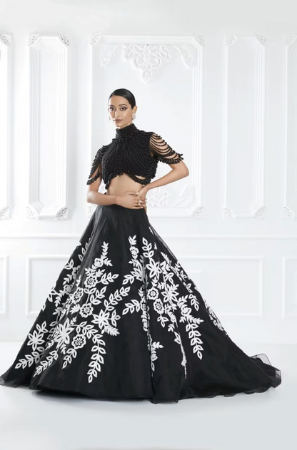 Black Floral Kashmiri Lehenga Set