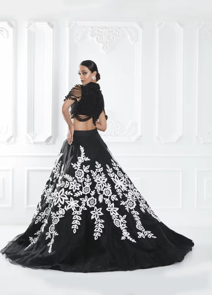 Black Floral Kashmiri Lehenga Set