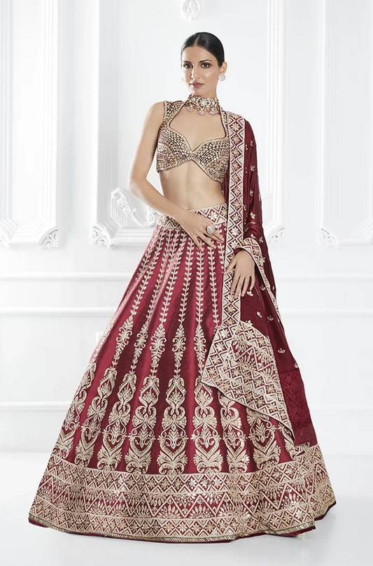 Wine Embroidered Lehenga Set