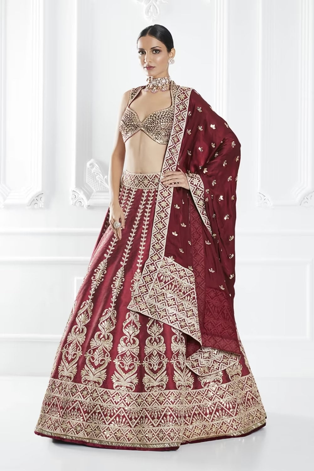 Wine Embroidered Lehenga Set