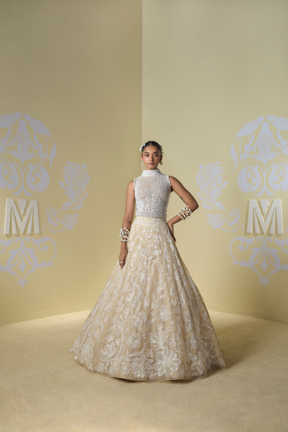 Cream Floral Dori and Pearl Embroidered Lehenga Set