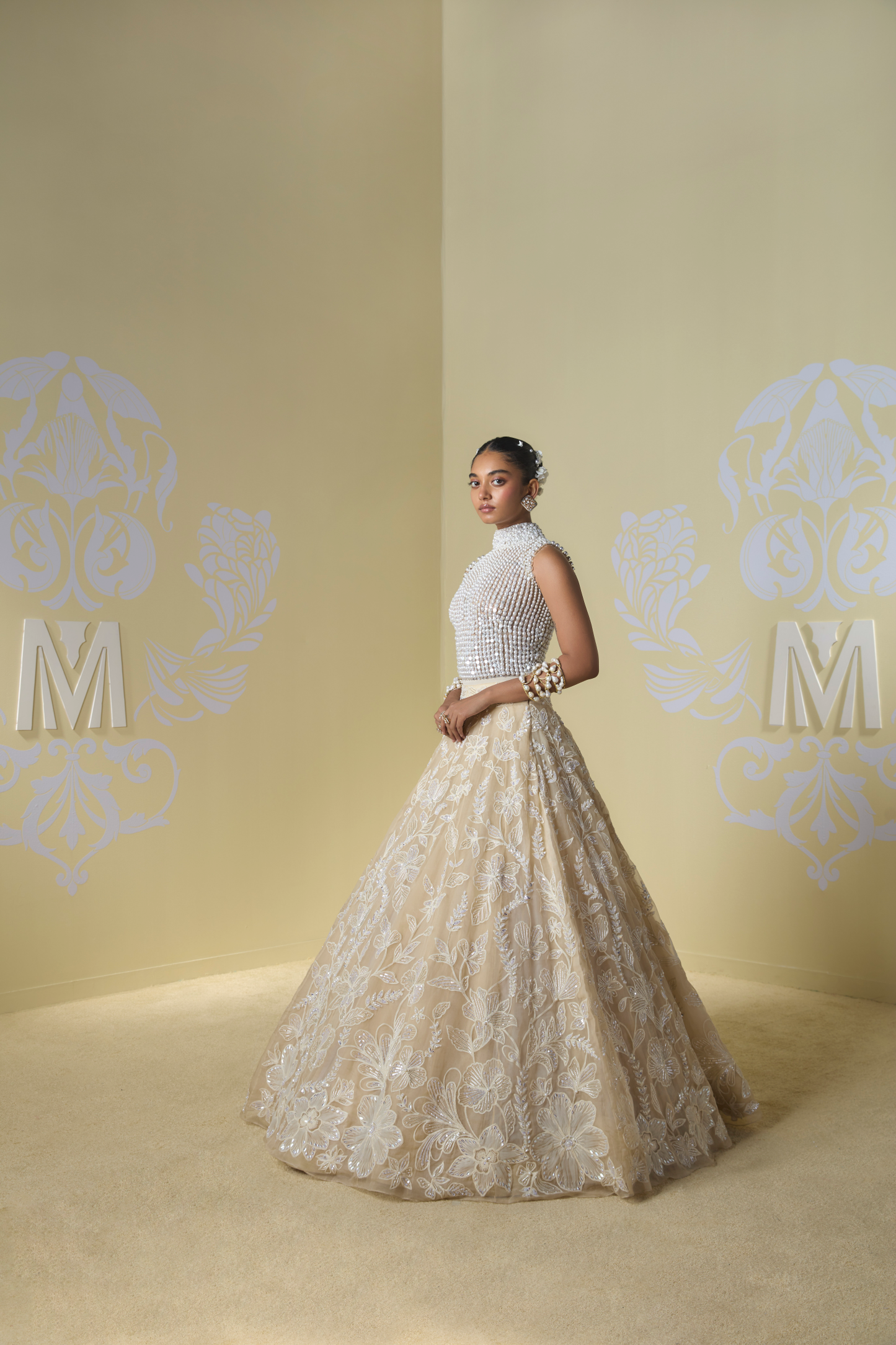 Cream Floral Dori and Pearl Embroidered Lehenga Set