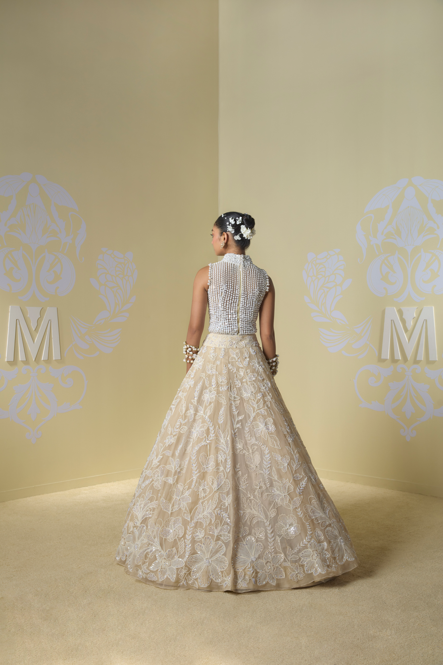 Cream Floral Dori and Pearl Embroidered Lehenga Set