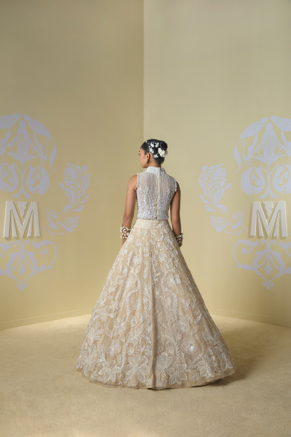 Cream Floral Dori and Pearl Embroidered Lehenga Set