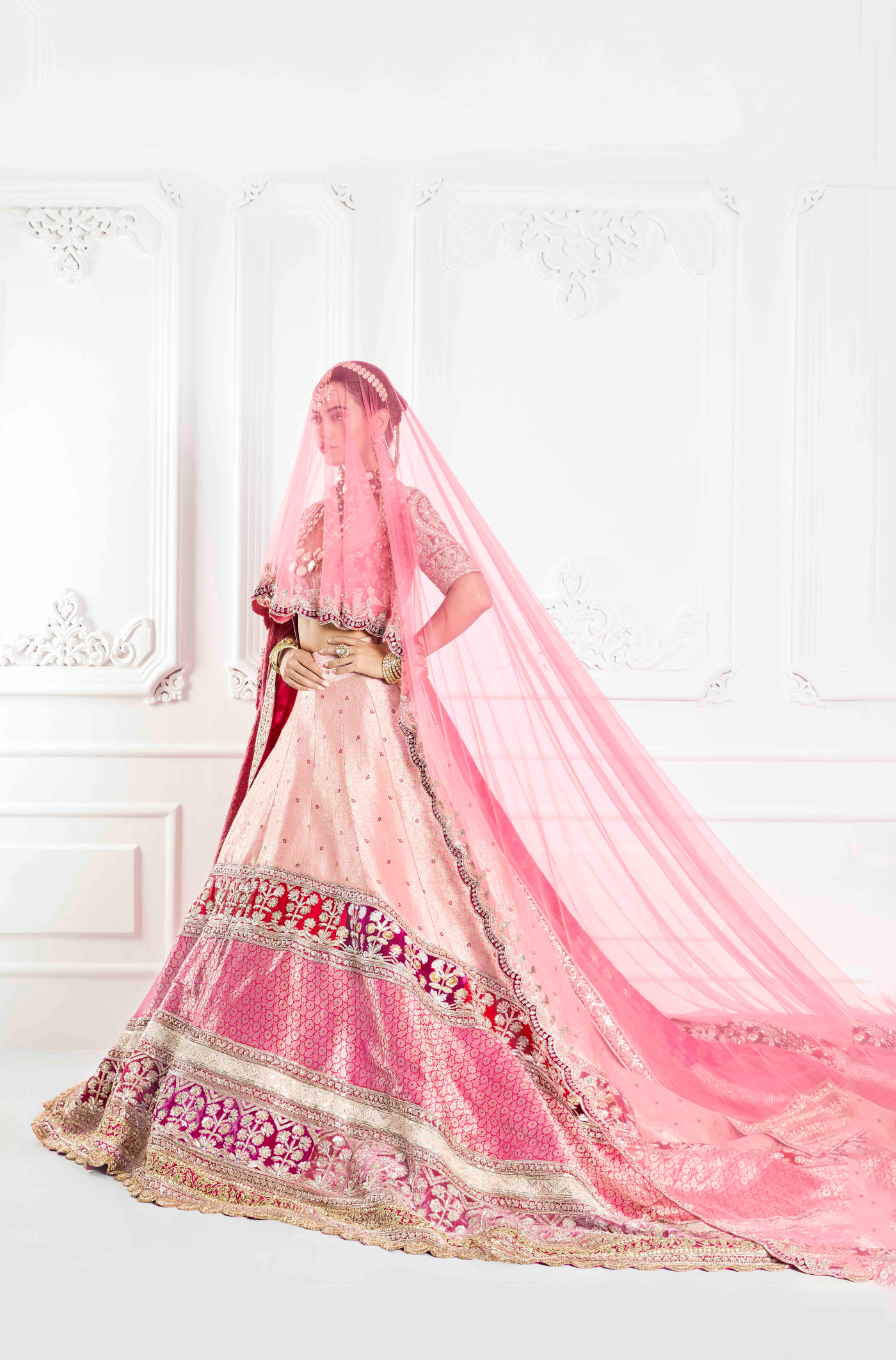 Peach & Pink Trailing Brocade Lehenga Set