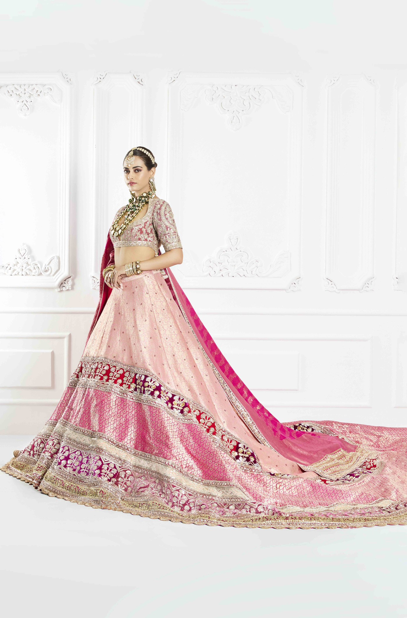 Peach & Pink Trailing Brocade Lehenga Set