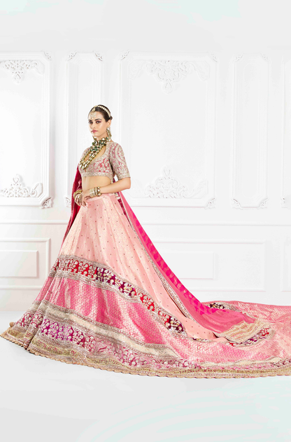 Peach & Pink Trailing Brocade Lehenga Set