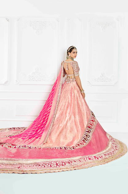 Peach & Pink Trailing Brocade Lehenga Set