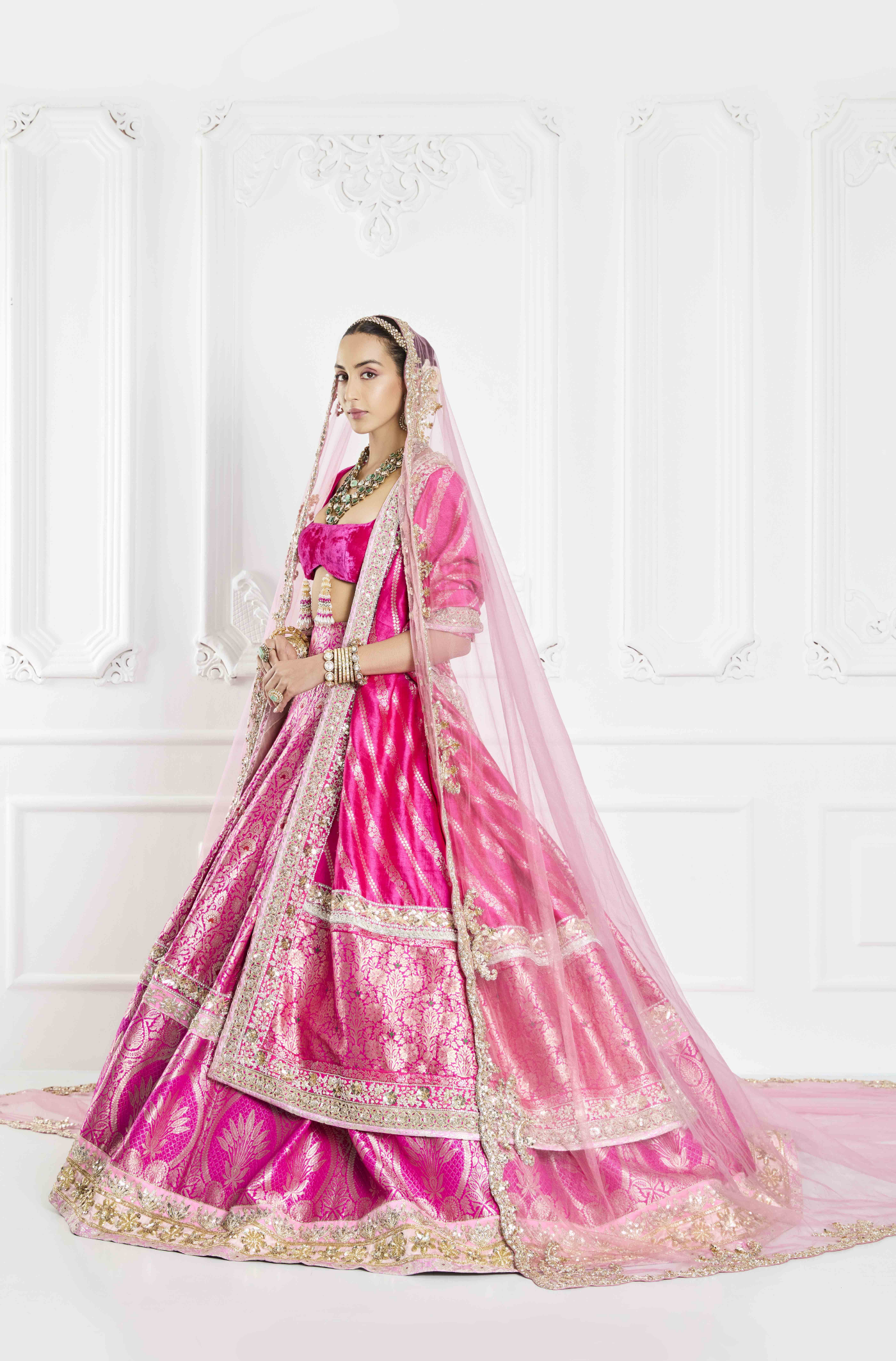 Fuchsia Pink Brocade Lehenga Set