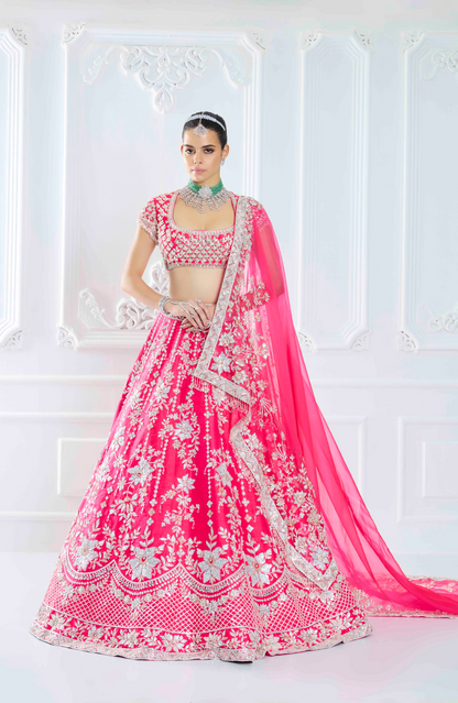 Hot Pink Rawsilk Stone Embroidered Lehenga Set