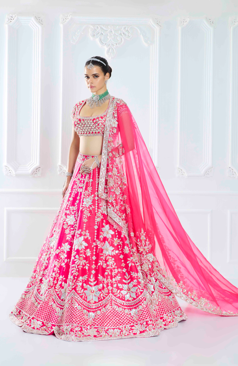 Hot Pink Rawsilk Stone Embroidered Lehenga Set