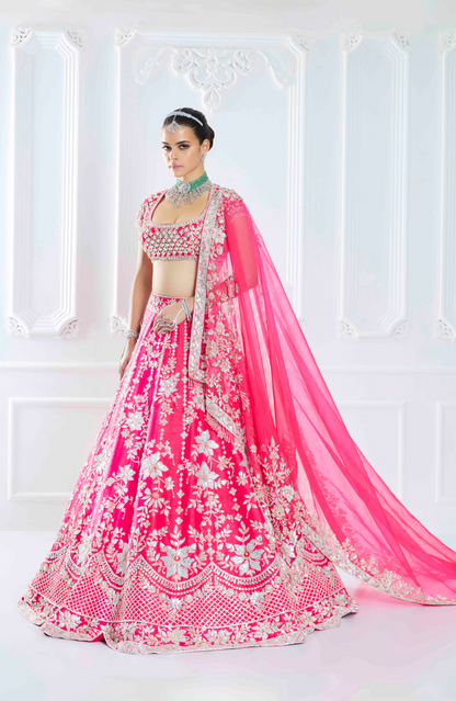 Hot Pink Rawsilk Stone Embroidered Lehenga Set